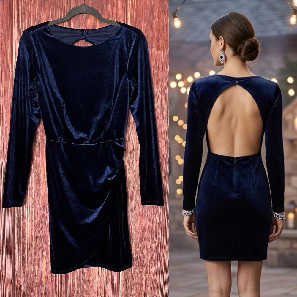 B Darlin Navy Blue Long Sleeve Velvet Dress Mini Length‎ Back Cutout Size 9/10
